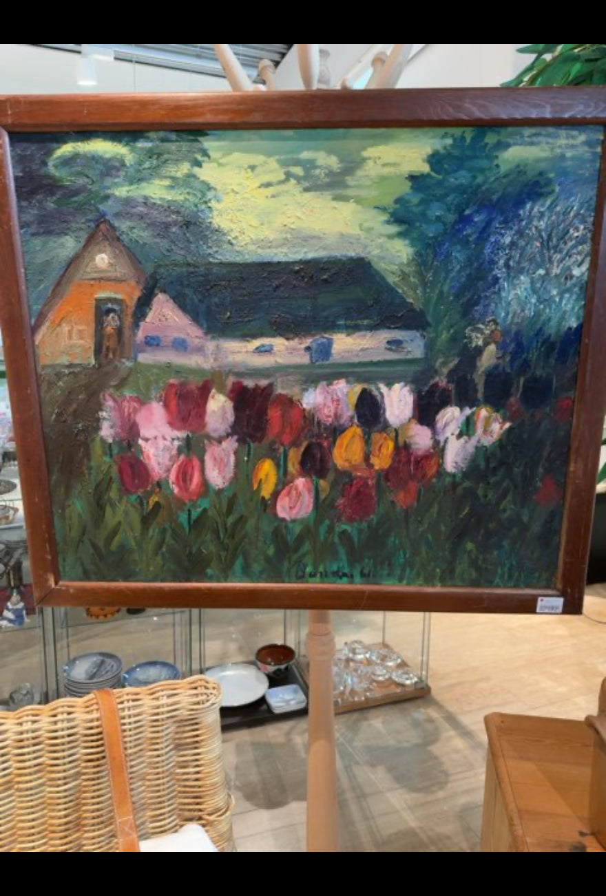 Maleri bondegård med tulipaner